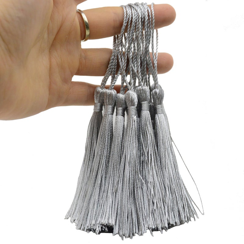 Makhry 100pcs 13cm/5 Inch Silky Floss Bookmark Tassels with 2-Inch Cord Loop and Small Chinese Knot for Jewelry Making, Souvenir, Bookmarks, DIY Craft Accessory (Silver) - Image 5